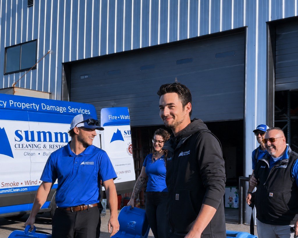 Summit Cleaning & Restoration technicians carrying air movers past a branded emergency property damage response van