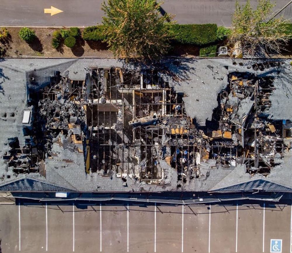 Aerial view of a fire-damaged structure